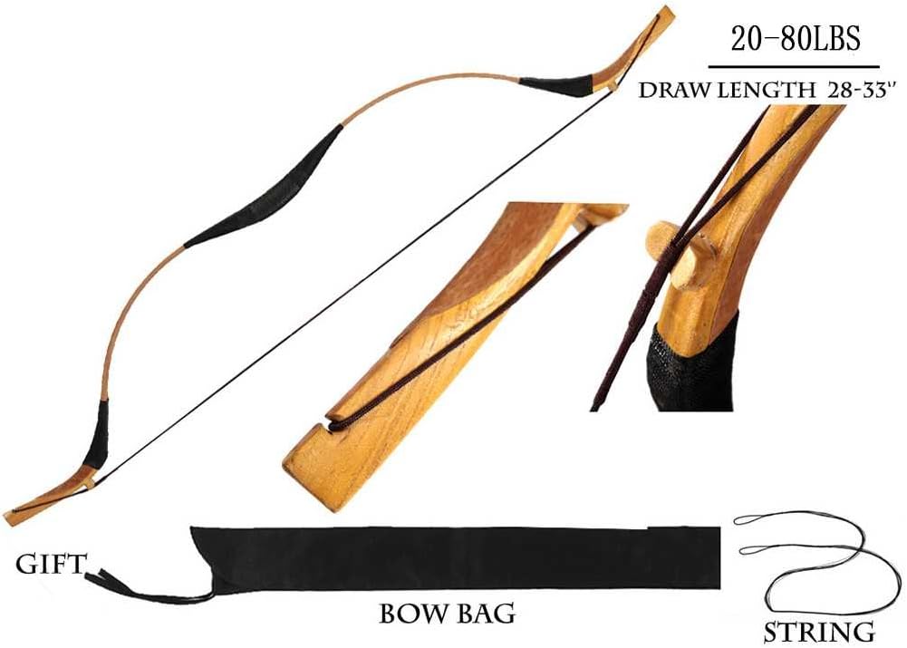 PG1ARCHERY Traditional Recurve Longbow, Basic Handmade Horsebow Mongolian Manchu Right and Left Handed Archery Bow for Hunting Practice Target 20-80lbs