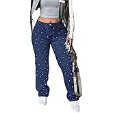 CFNZER Pearl Jeans for Women Y2K Boyfriend Baggy Straight Wide Leg Jeans Rhinestone Casual Denim Pants