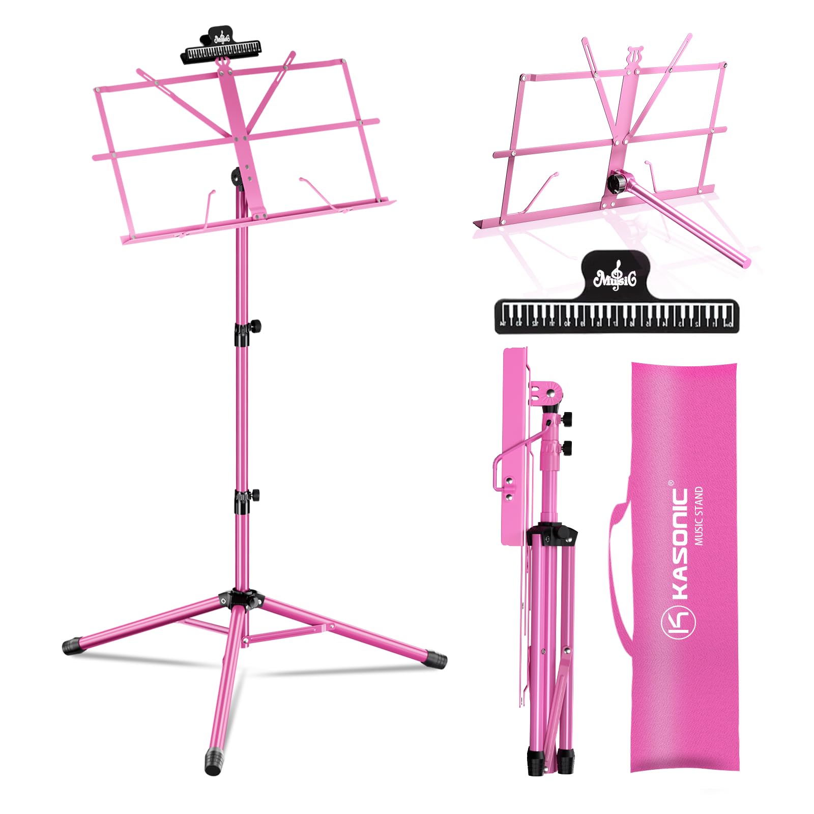 K Kasonic Lightweight Music Stand, 2 in 1 Collapsible Music Stand with Music Sheet Clip, Portable Music Stand with Carrying Bag for Performances, Sheet Music Stand Tripod for Musical Needs, Pink