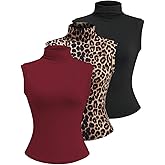 WDIRARA Women's 3 Pack Tank Tops Leopard Mock Neck Sleeveless Fitted Top