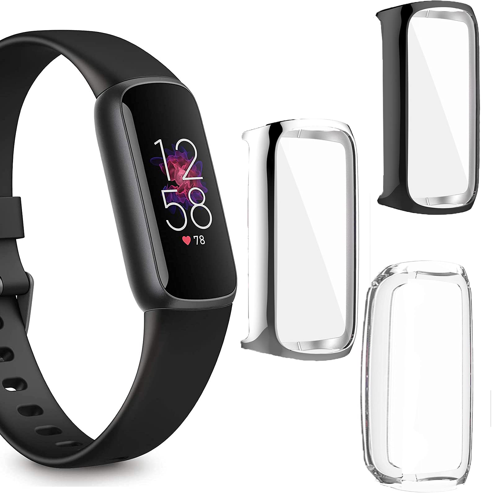 Compatible for Fitbit Luxe Case, Giaogor All-Around Protective TPU Bumper Cover Screen Protector Case Cover Compatible for Fitbit Luxe Fitness and Wellness Tracker (3 pack-Clear+Black+Silver)