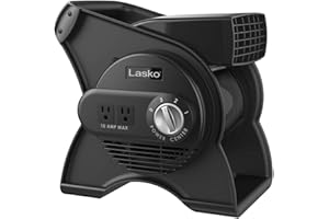Lasko Portable Utility Fan, 12” 289 CFM Pivoting High Velocity Air Mover Blower Fan, 3 Speeds, 2 Accessory Outlets 120V, Black, U12104