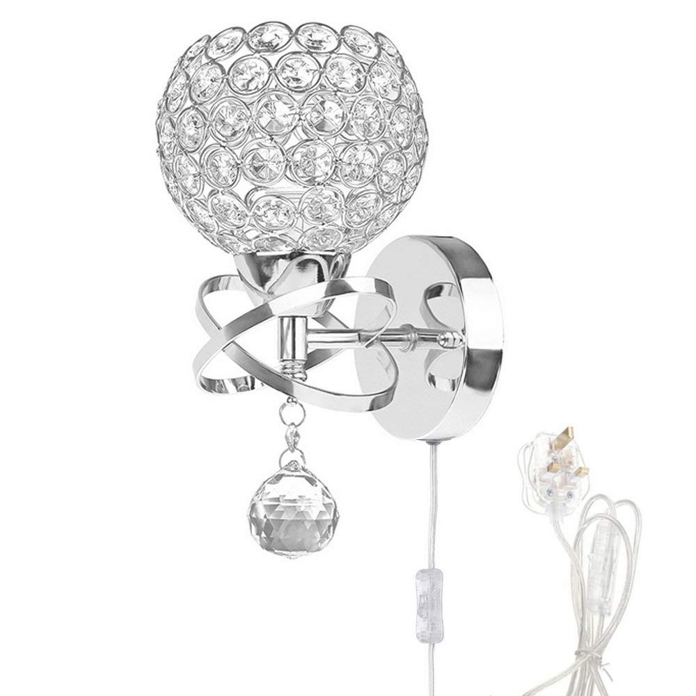 WeFoonLo Round Modern Crystal Wall Light Chrome Finish Bedroom Wall Sconce Lighting Fixture with Switch and Plug, E27 Socket