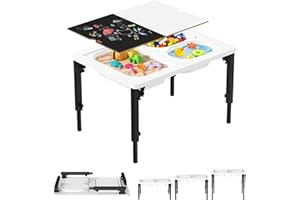 SAUCE ZHAN Foldable Sensory Table for Toddlers, Adjustable Height Kids Table, Wooden Activity Table with Metal Legs, Storage Bins & Writable Lids, Sand and Water Table Indoor/Outdoor Preschool Table (White)