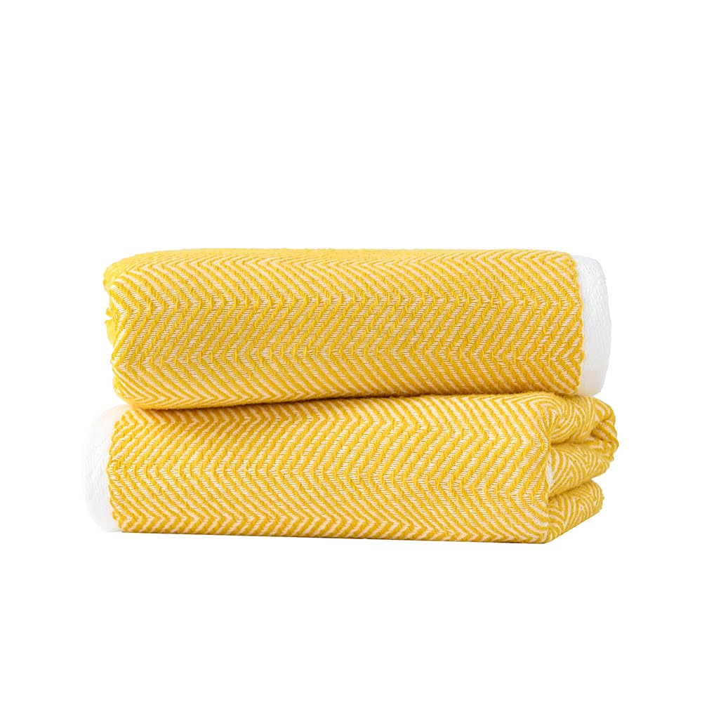 sense gnosis Jacquard Striped Yellow Hand Towels Set of 2 Super Soft 100% Cotton Absorbent White Terry Bath Hand Towels for Bathroom Decorative Gym Camping