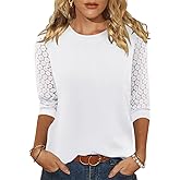 Womens 3/4 Length Sleeve Tops Summer Crew Neck Lace Tunic T-Shirts Business Casual Fashion Blouses Tops 2025