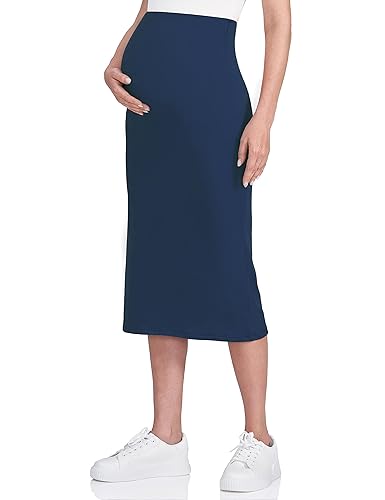 POSHDIVAH Women's Maternity Skirt Over The Belly Midi High Waisted