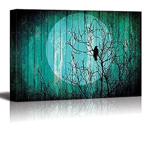 Silhouette of a Tree with a Crow on The Branches and The Moon on The Back Over Teal Wood Panels - Canvas Art Home Art - 12x18 inches