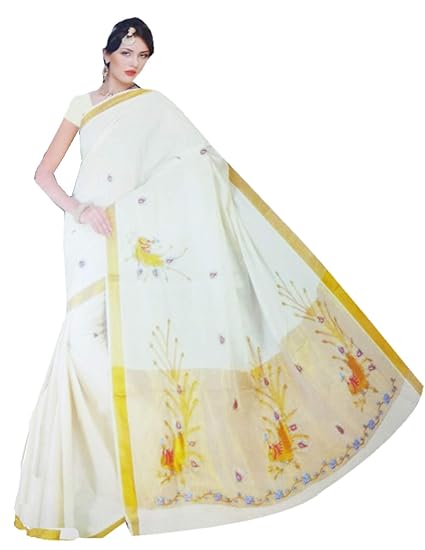 Womens Designer Cotton Kerala Traditional Saree with Golden Border