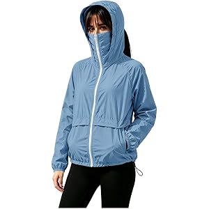 Women's UPF 50+ Sun Protection Hoodie Zip Up Lightweight Outdoor Running Hiking Jacket with Face Mask Raincoat