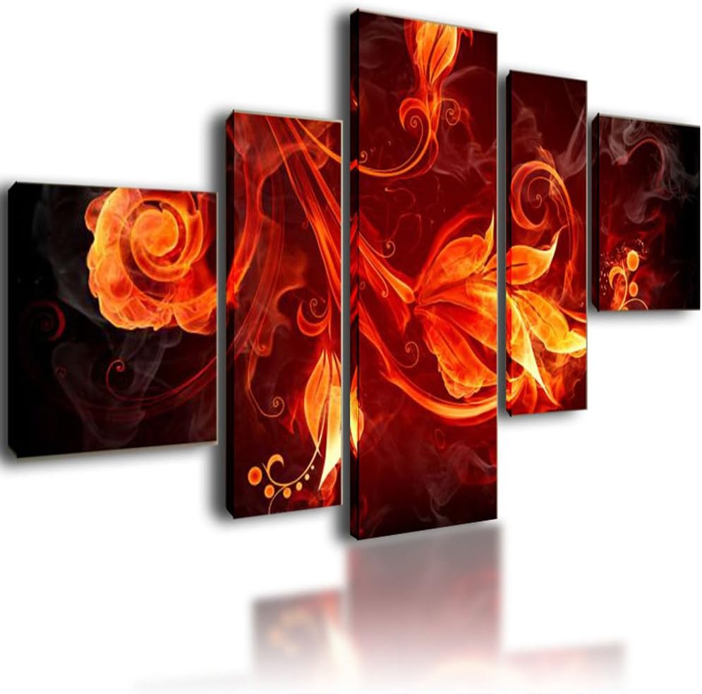 XL Parted Canvas Picture Wall Art Split Multi Panel Framed Modular Living Room - 5 panel Anstract Fire Leaf 130cm x 70cm 1529