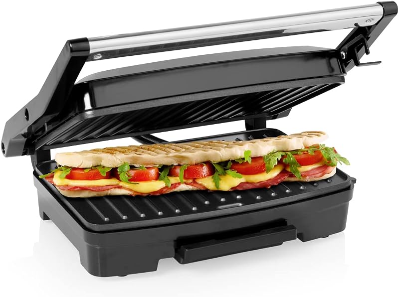 117501 Grelha com superfície de 23 x 15 cm, bandeja de gordura removível, tampa flutuante com bloqueio de segurança, revestimento antiaderente, base antiderrapante, 750 W