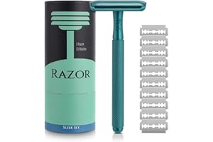 THE GROOMING SOCIETY Long Handle Safety Razor with 10 Blades Unisex Double Edge Safety Razor Single Blade Razor Zero Waste Eco-Friendly Razor(Blue)