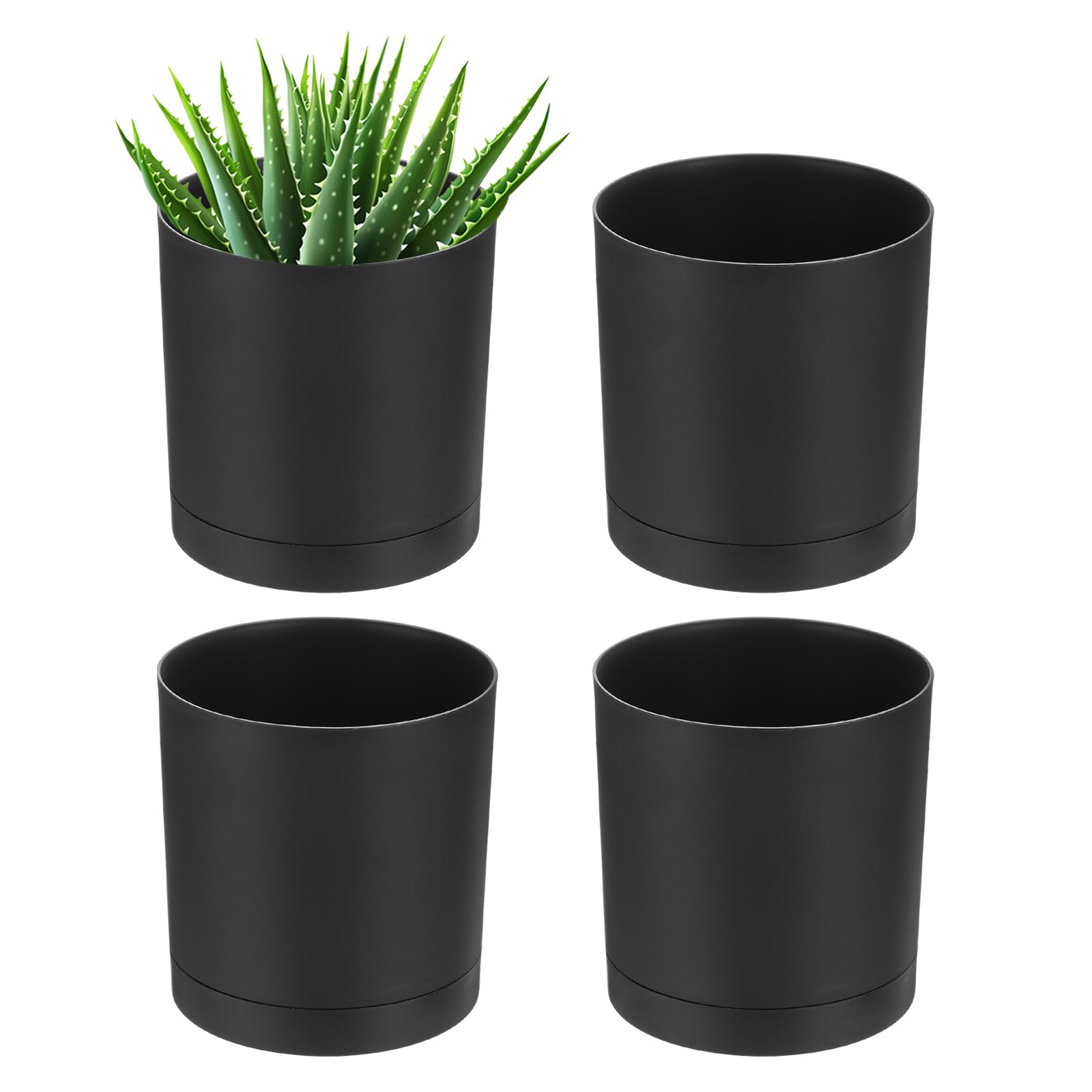 PATIKIL 6 Inch/15cm Plastic Plant Pots, 4 Pack Small Flower Pot Planters with Drainage Holes and Saucer for Home Decor Indoor Plants, Black