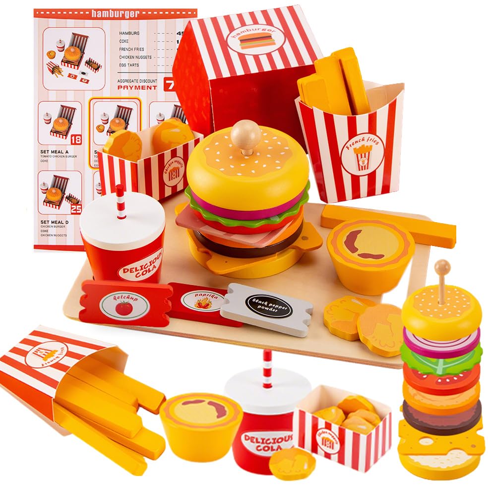 Embosomitr Wooden Hamburger Burger Fast Food Toy Set for kids kitchen Stacking Toys - 33Pcs Pretend Play Food Toy Kitchen Accessories for Toddlers Age 3+ Stacking Toys Montessori Learning Toys
