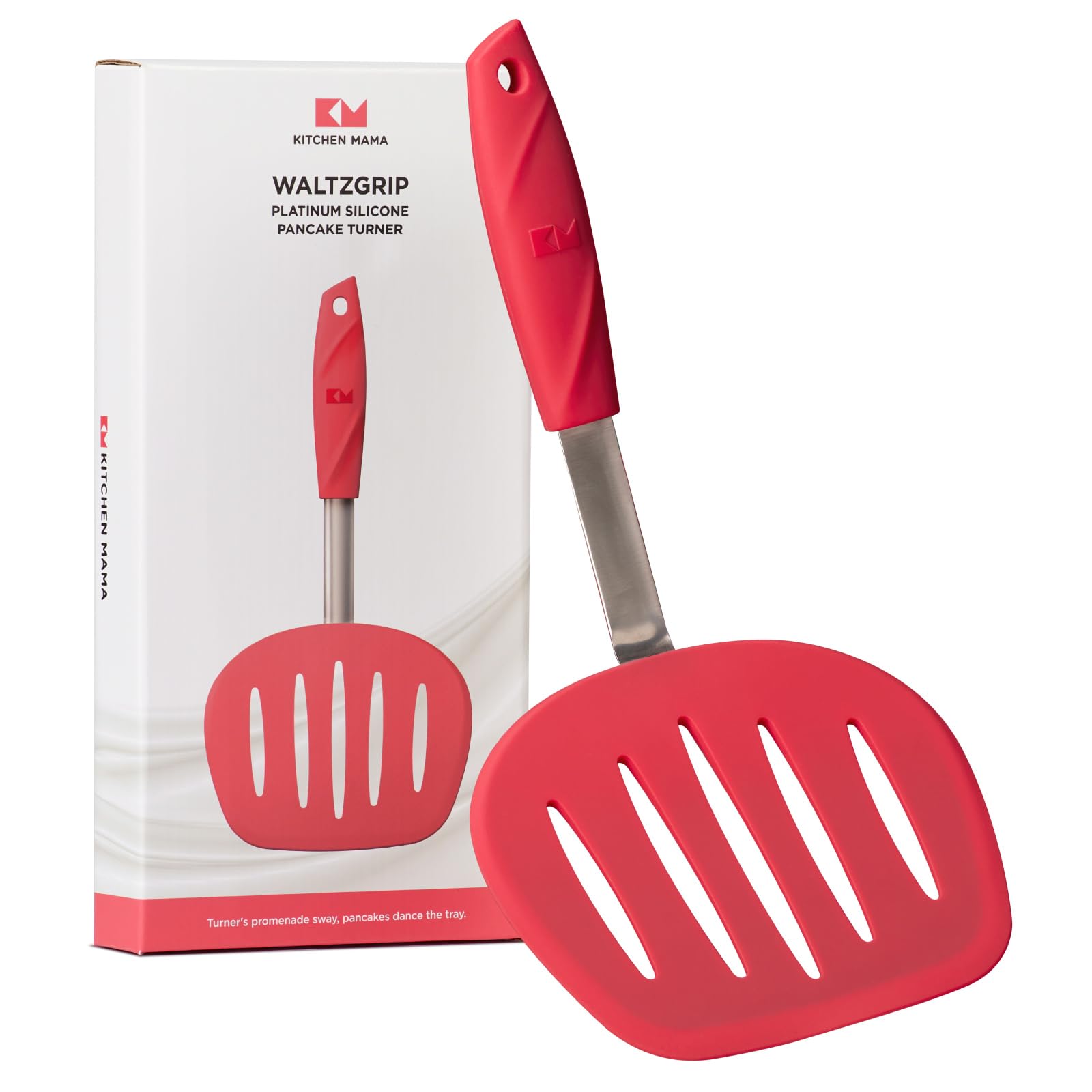 Kitchen Mama WALTZGRIP Platinum Silicone Pancake Spatula Turner: Heat-Resistant, Wide Slotted Tapered Head Stainless Steel Core. Durable, Dishwasher-Safe, Flipping Cooking Needs, Wok Use (Red)