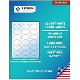 Premium Label Supply Glossy White Oval Sticker Labels – 2.5" x 1.5" Oval – (18 per Sheet) (Glossy White for Laser Only, 180 Labels)
