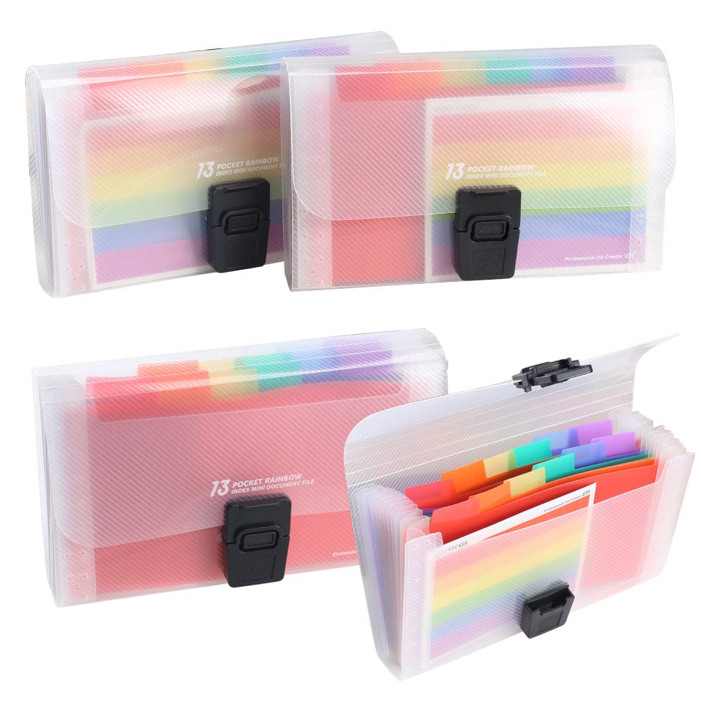 4 Pack Expanding File Folder, AILANDA A6 13 Pockets Rainbow Document Organiser A6 Accordion Folder Receipt Organiser Wallet Case with Labels Index for Bills Cards Coupons 17.7 x 10.5 x 2.5cm