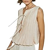 JEAAMKSSER Tie Front Tank Tops for Women Y2K Bow Sleeveless Coquette Pleated Ruffle Shirts Summer 2024 Babydoll Top