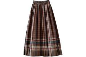 Women's Long Plaid Wool Skirt Fall Winter High Waist A-line Pleated Wool Tartan Skirts Loose Fit Casual Skirts
