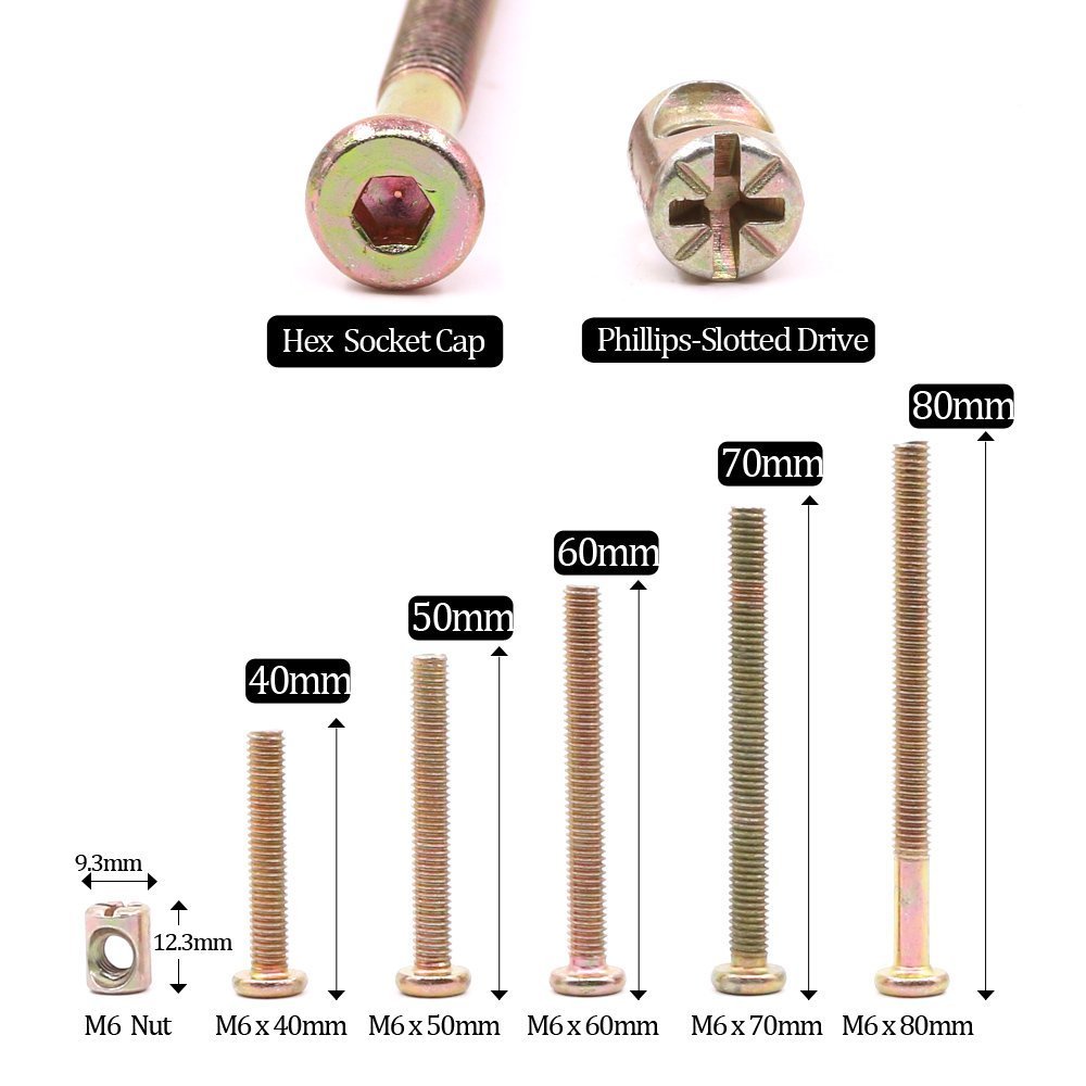 Hilitchi 100Pcs M6 x 40/50/60/70/80mm Zinc Plated Crib Screws Hex