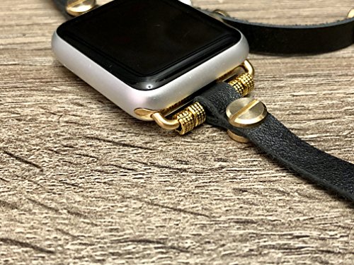 Black Leather Bracelet For Apple Watch Series 1 2 & 3 Handmade Multi Wrap Accessory Apple Watch Band With Gold Metal Jewelry Rivets & Connectors Unique Fashion Strap Wristband