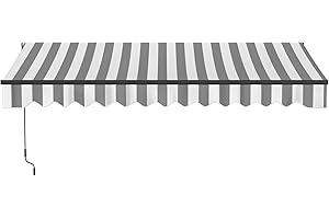 Aleko 10x8 feet Caribbean Style Manual Black Frame Awning, UV-Protected Sunshade Canopy with Hand Crank and Durable Steel Frame for Deck, Porch, Backyard - Seagull Gray & White Striped