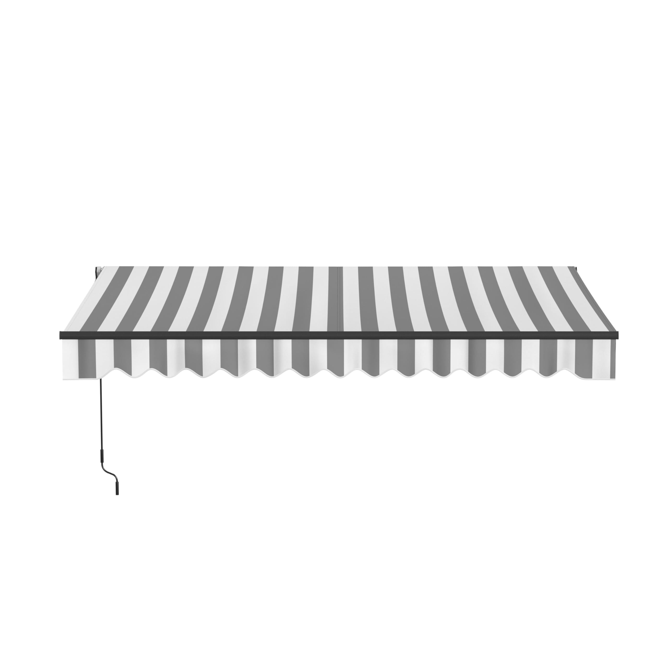 Photo 1 of Aleko 13x10 feet Caribbean Style Electric Black Frame Awning, Remote Control Motorized & Manual Crank, Outdoor Shade Canopy with UV-Resistant Fabric - Seagull Gray & White Striped