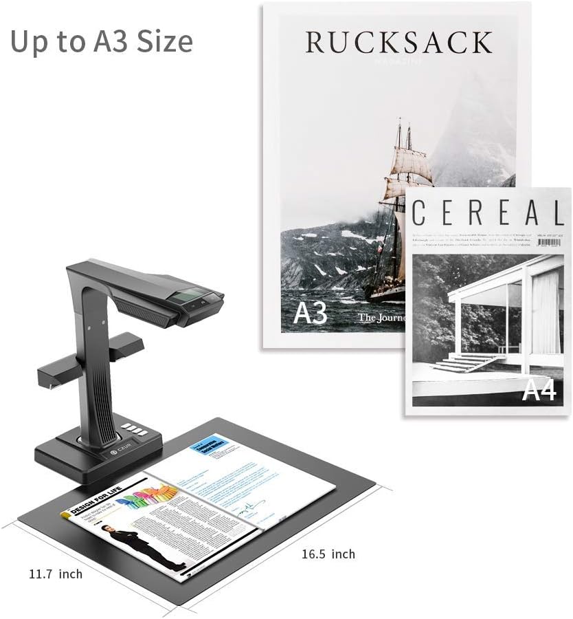 CZUR Professional Document Scanner ET18-P, Fast Recognition Scanner, 18MP High Definition, A3 Size Capture, 186 Languages OCR, Patented “Laser-Based Image Flattening” Technology : Electronics