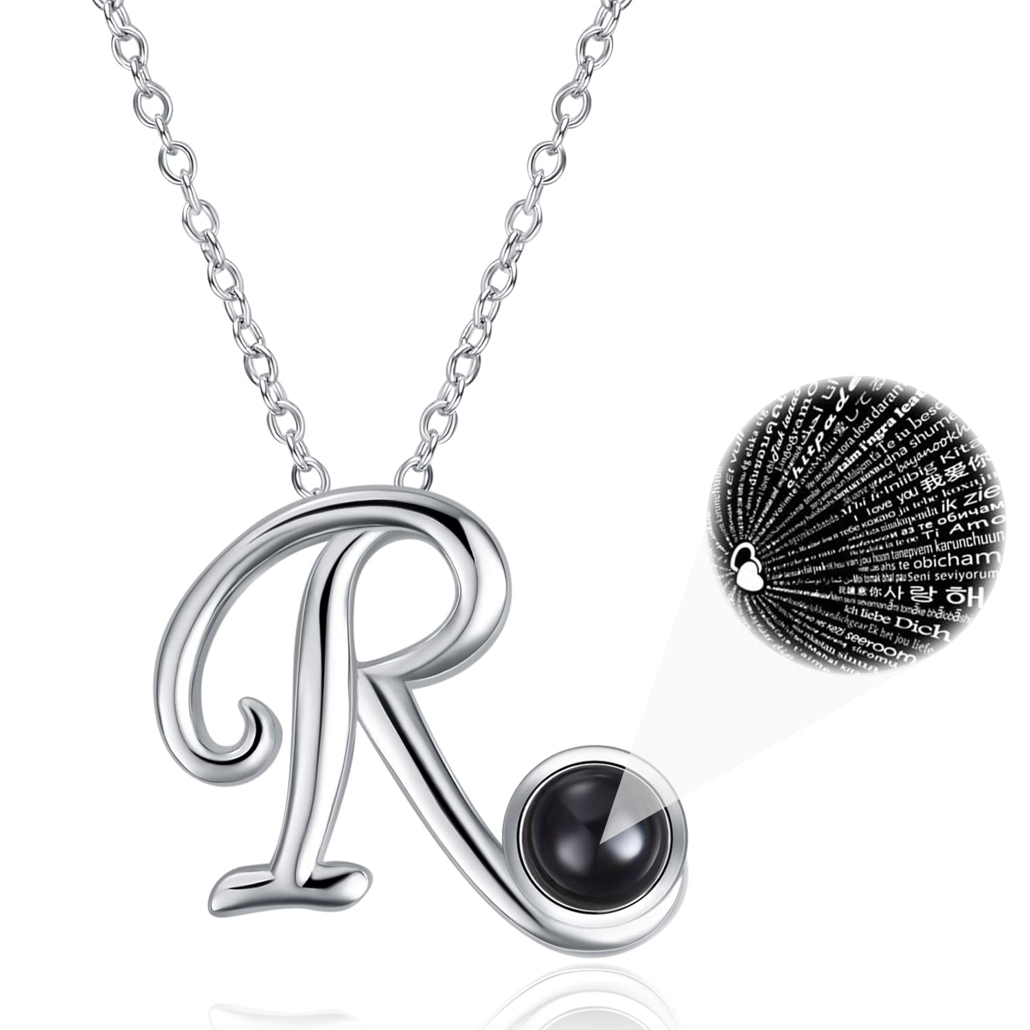 WINNICACA 100 languages I Love You Necklace Initial Letter R Sterling Silver Pendant for Christmas Gifts