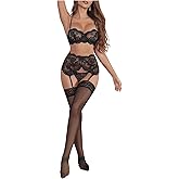SHENHE Women's Garter Lingerie Set Lace Bra and Thong Set with Stockings