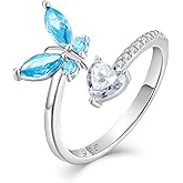 Vemhel Butterfly Ring 925 Sterling Silver Open Adjustable Bypass Ring Heart Birthtone Jewelry Gift for Women