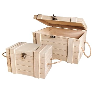 Rayher Hobby 62651000 Holz-Truhen Set mit Jutegriffen, Set 2 Stück, 30 x 20,5 x 17,3 cm und 24 x 16 x 15,5 cm, naturbelassen,