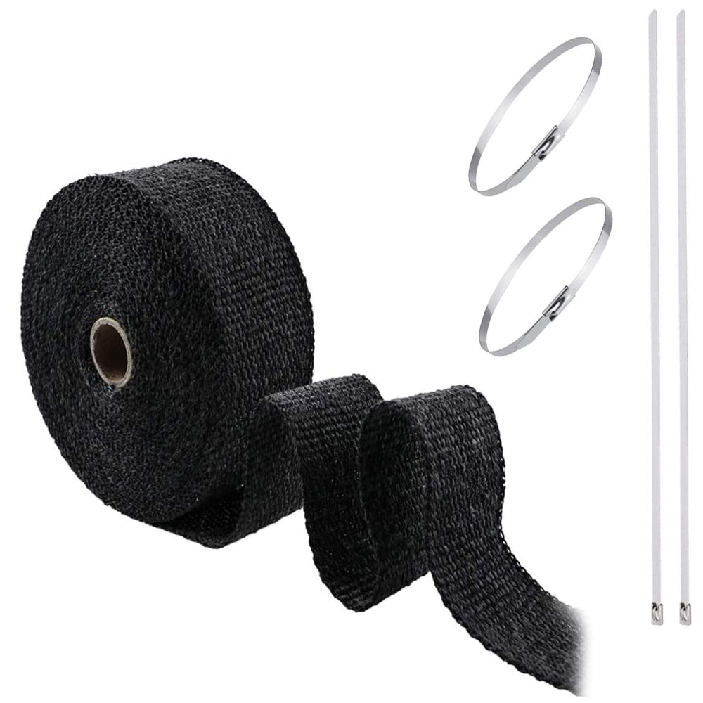 NACAIKJ Exhaust Heat Wrap 15M x 5CM Exhaust Wrap Roll Exhaust Heat Tape for Car Motorbike Motorcycle Exhaust Wrap Titanium Exhaust Heat Tape Kit Black Fiberglass Exhaust Heat Wrap with 4 Stainless Tie
