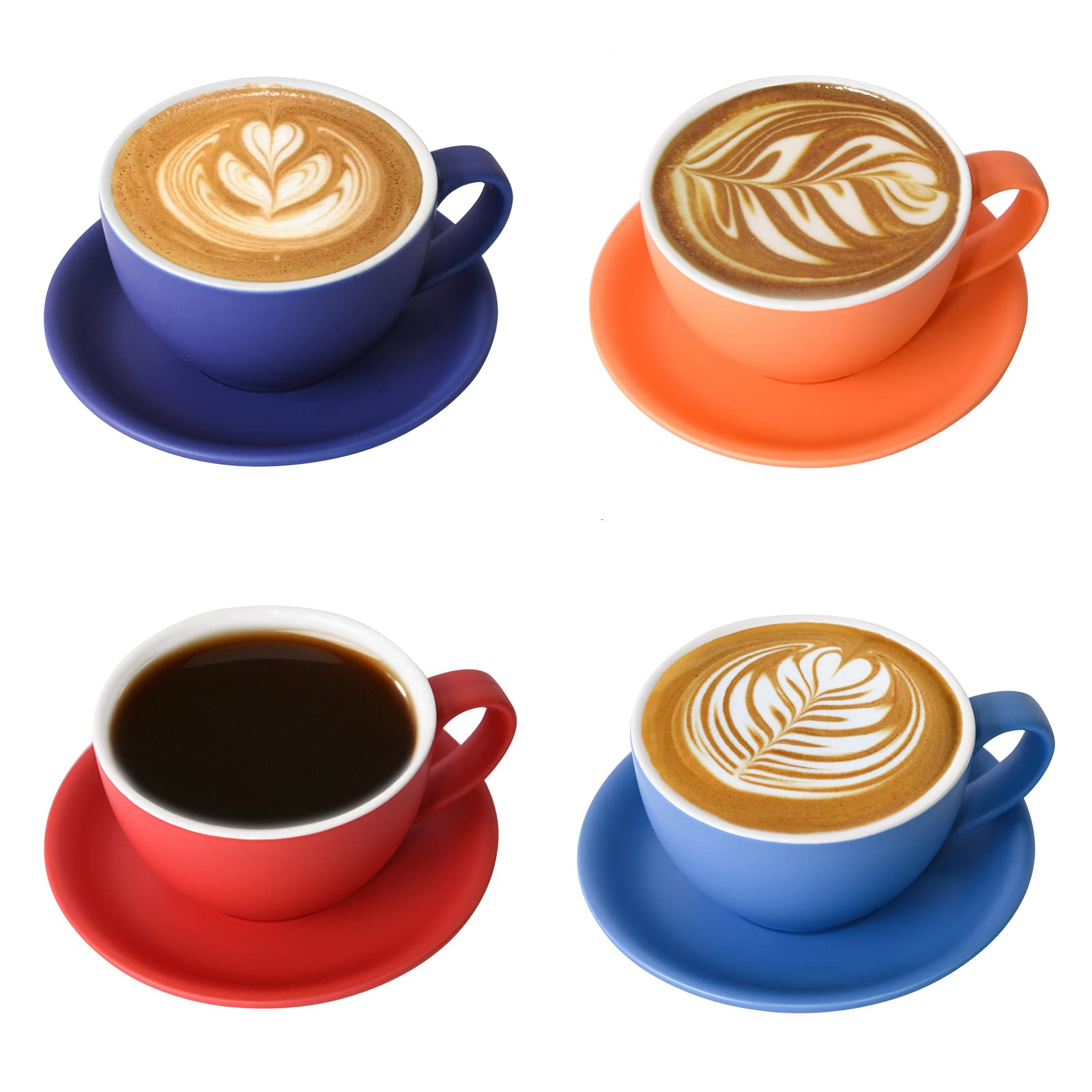 Yundu Cappuccino Cups Set 4 x 300 ml - Ceramic Coffee Cups with Saucers, Matte Dark Shades Mix for Latte Art & Barista, Large Mocha Cups & Saucers Set