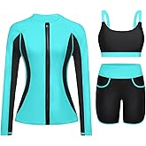 Women 3 Piece Rash Guard - Long Sleeve Swimsuit Built in Bra Swim Shirt Zip Bathing Suit with Pocket Shorts