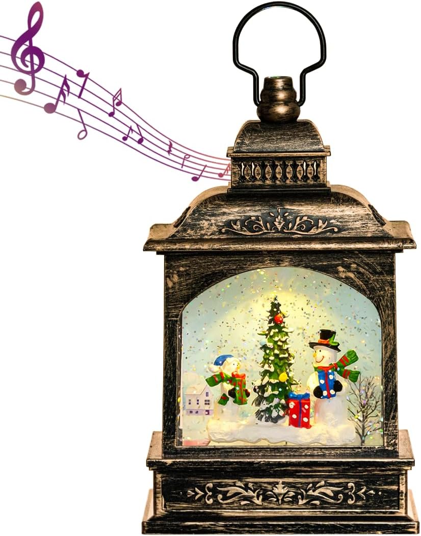 Snow Globes - GOOSH Christmas Snow Globe Lantern with LED Swirling Water Glitter Retro Snowman with Gifts Xmas Musical Lantern Decoration with Projector Light and 6H Timer for Christmas Home Décor and Gifts