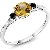 Gem Stone King 10K White Gold Yellow Citrine Black Diamond and White Diamond Accent 3-Stone Engagement Ring For Women (0.97 Cttw, Round 6MM, Gemstone November Birthstone)