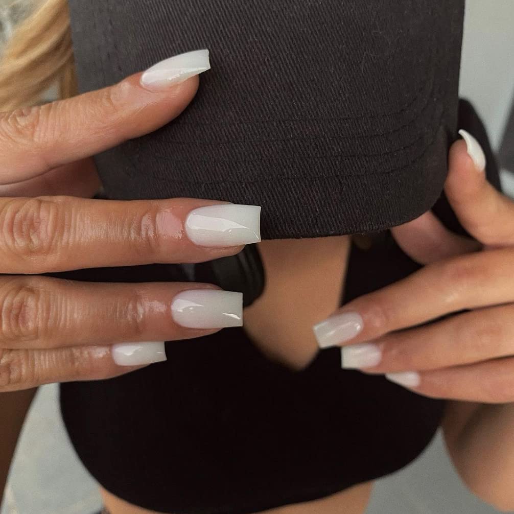 White Nails Press ons, Press on Nails Medium Square Glue on Nails Medium Length, Short Acrylic Nails Glue on Medium Coffin Nails Fake Nails False Nails for Women, Thick Solid Color Gel Nails 24Pcs - Image 2