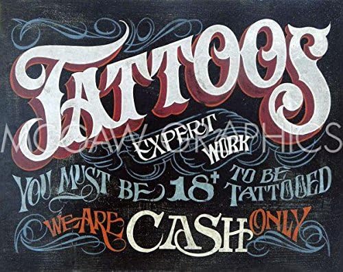 Tattoos sign by Zeke's Antique Signs, Art Print Poster, Paper Size 14" x 11" Image Size 10.5" x 8.25"(263)