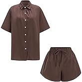 winkbay Women's 2 Piece Casual Summer Outfits Button Down Half Sleeve Shirt and Shorts Matching Sets