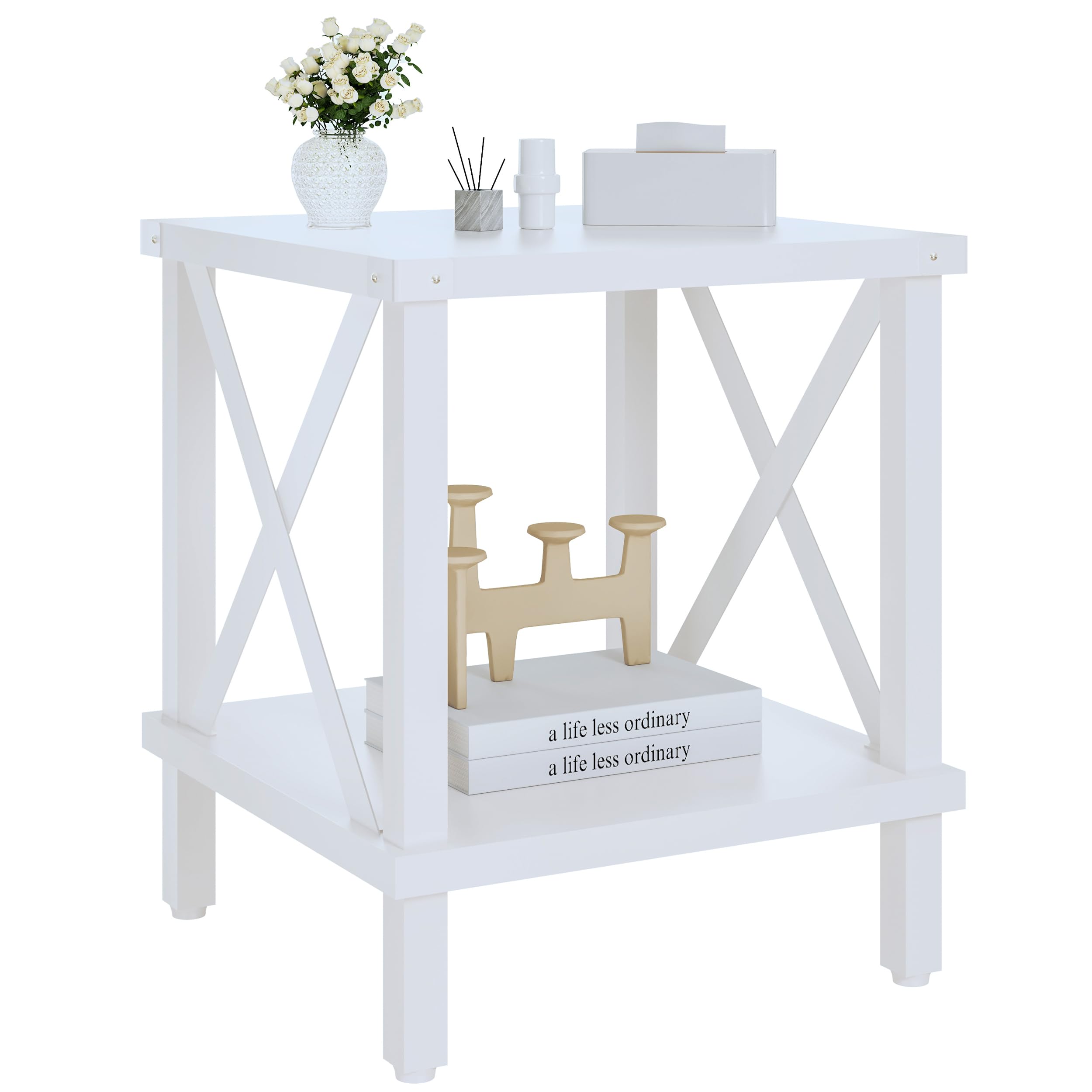 Photo 1 of ***FINAL SALE/NO RETURN, VIEW NOTES*** MMEOLUOOK Large End Table Farmhouse Side Table Industrial Style Sofa Table Metal X Accent Wood Coffee Table NightStand with Storage Shelf for Living Room Bedroom White MLBZ16W