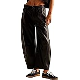 LifeShe Women Faux Leather Pants Low Rise Baggy Barrel Jeans Wide Leg Trousers with Pockets Black
