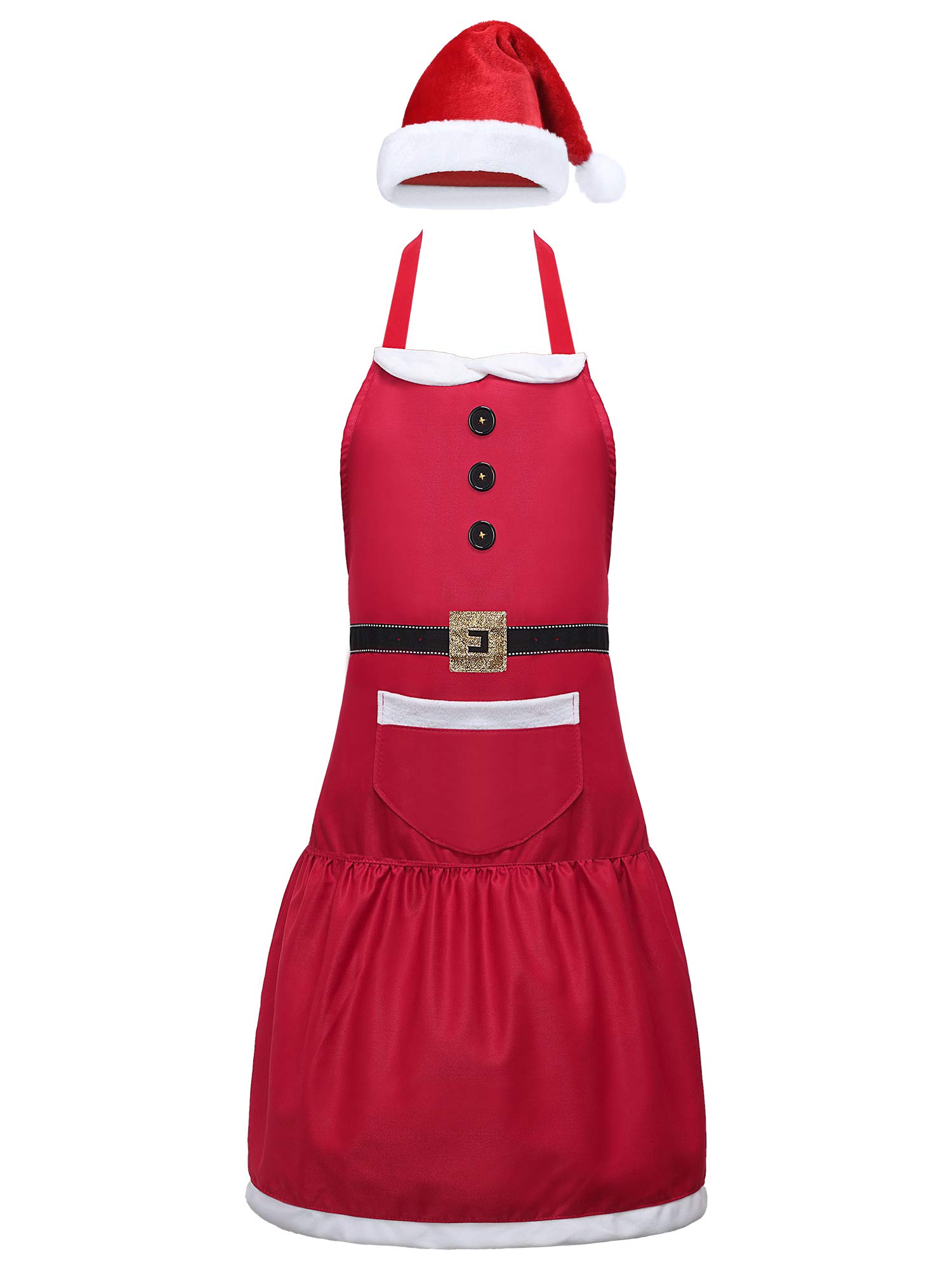 Geyoga Winter Apron with Pockets and Hat Snowman Gingerbread Man Santa Elf Aprons for Kitchen Cooking Baking Accessories(Santa)
