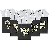 DjinnGlory 50 Pack Medium Sized Black Thank You Paper Bags with Handles 10x8x4 Inches and White Tissue Paper for Small Busines Wedding Baby Shower Graduation Party Favors Treats Goodies