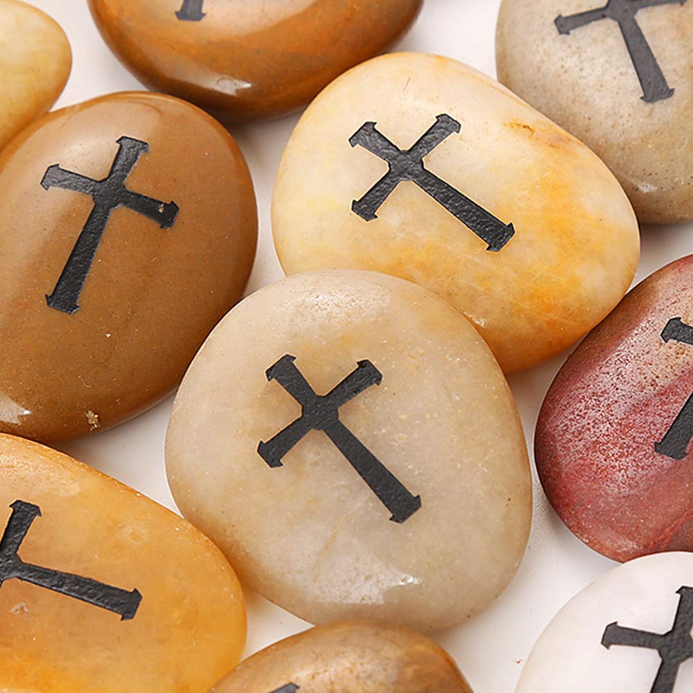 ROCKIMPACT 24 Pcs Engraved Cross Worry Stones for Pray Faith Memorial Stones Smooth Polished Natural River Rock Baptism Christening Holy Communion Gift Wholesale Value (2-3 Inches Each, Set of 24)