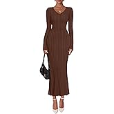 ZESICA Women's 2026 Spring Sweater Dress Long Sleeve V Neck Ribbed Knit Party Cocktail Bodycon Maxi Dresses