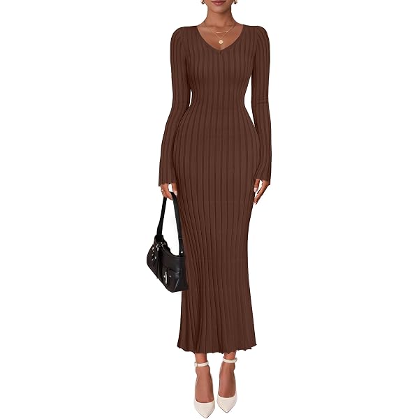 Light Brown Long Sleeve Soild Ribbed Knit Pleated Maxi Dress for Women  Light Brown Crew Neck Back Belt Slim Fit Striped Sweater Dress Light Brown  Stretchy Sexy Pencil Bodycon Long Dress at