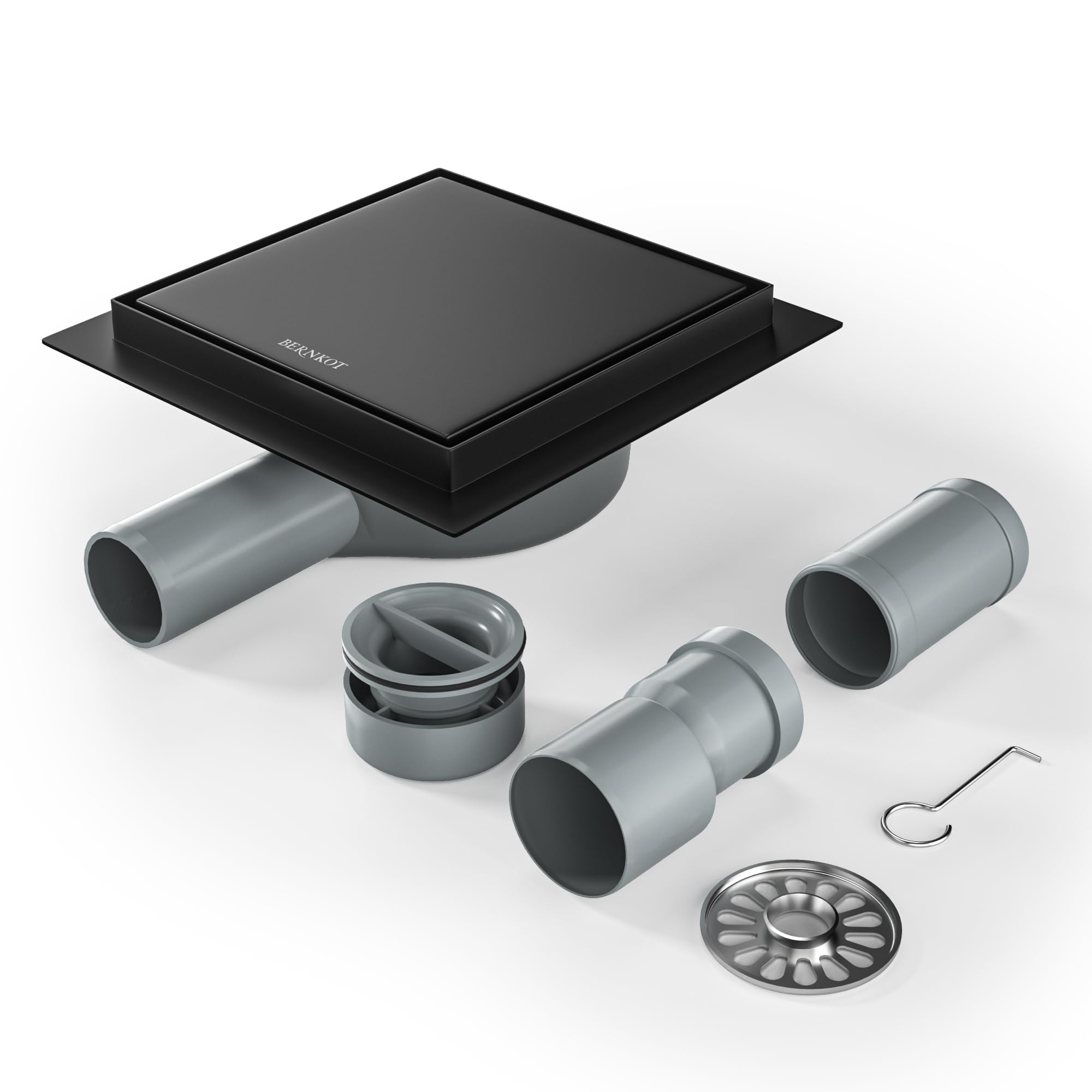 Bernkot Shower Drain Square 15 x 15 cm, 360° Siphon with Odour Stop and Hair Strainer 2-in-1 Tilable Stainless Steel Drain Channel Floor Drain Shower Drain Very Flat DN50 DN40, Black