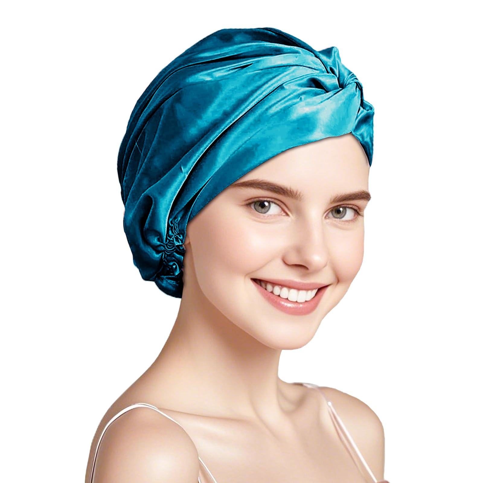 townssilk 100% Mulberry Silk Women's Night Hat, 16 Momme Sleep Cap, Silk Shower Cap, Good for Hair, Protects Hair, Silk Night Hat, Double Layer, Peacock Blue